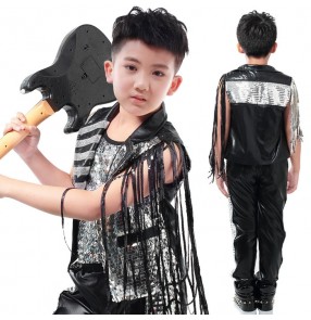 Black silver patchwork leather boys kids children stage performance school play hip hop fringes cos play singer ds dj dance costumes outfits sets